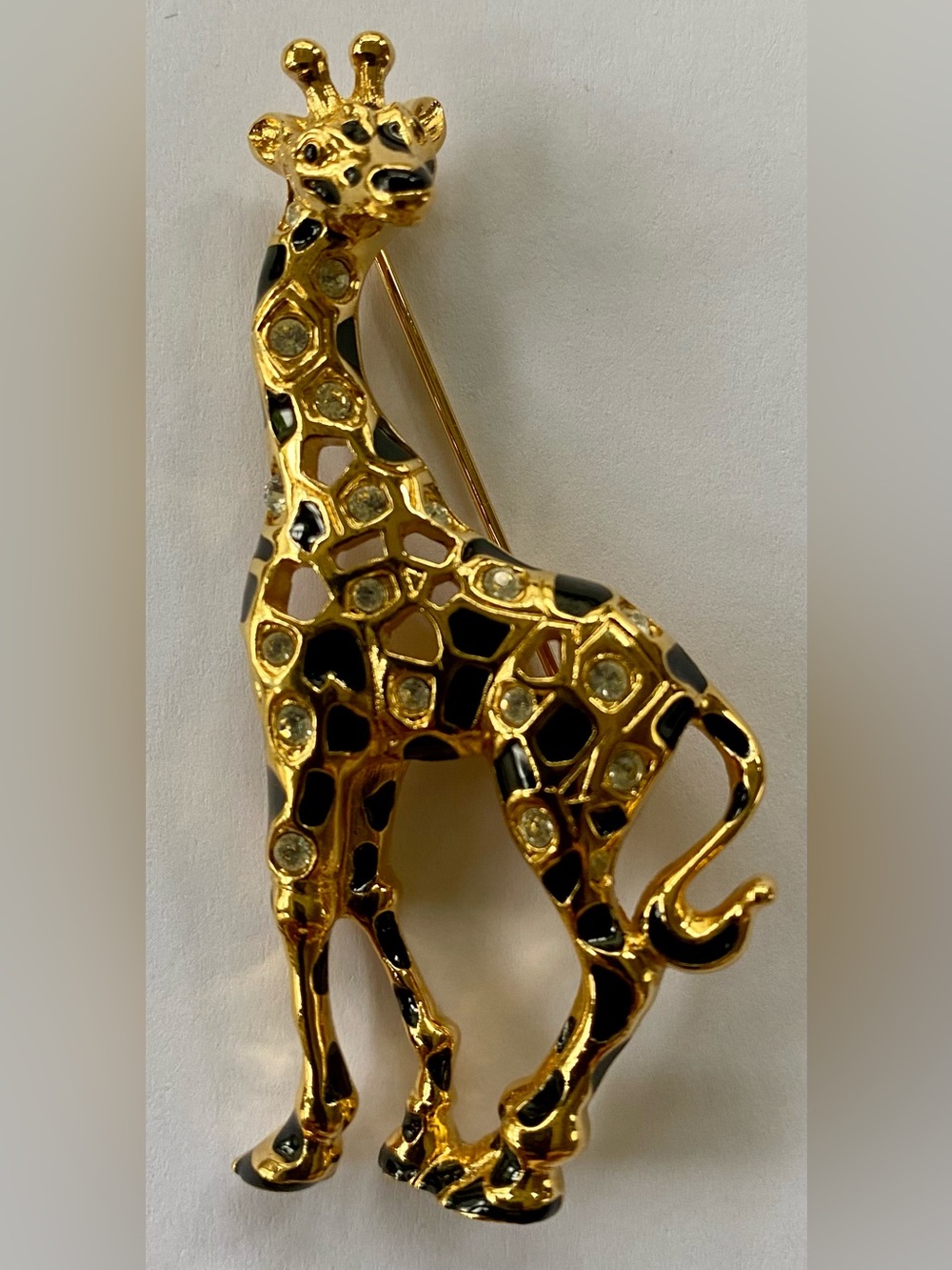 Gold-tone Giraffe Brooch with Black Enamel & Rhinestones